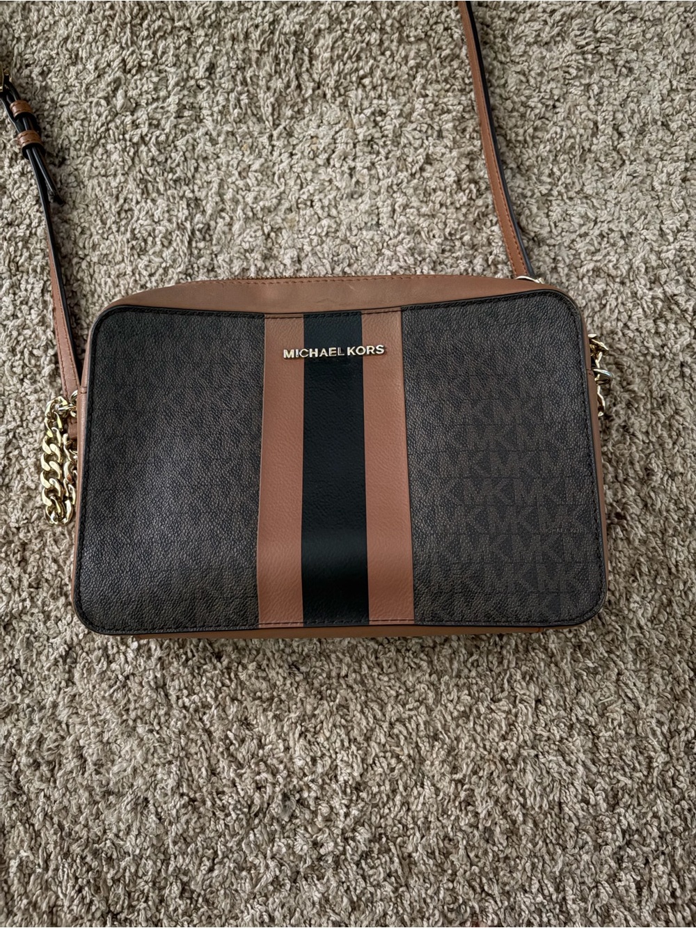Michael Kors Brown and Black Stripe Crossbody Camera Bag